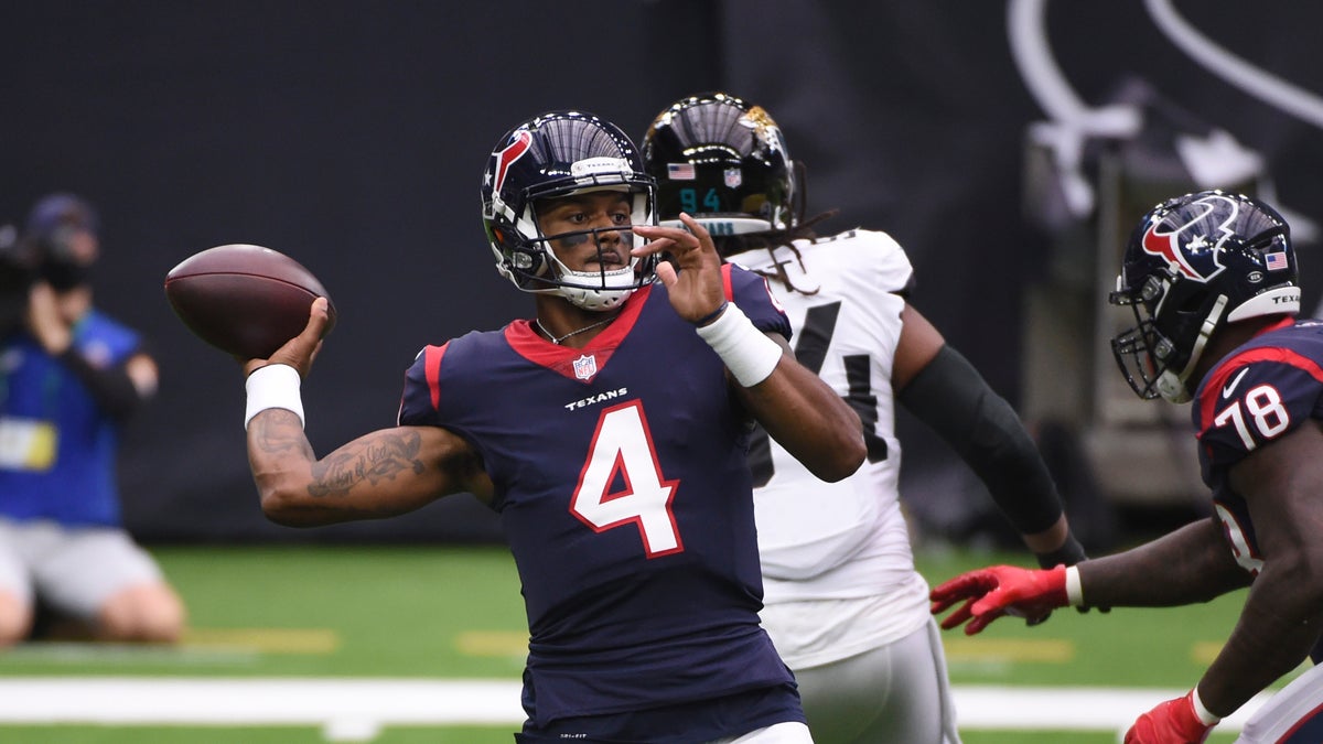 Houston Texans quarterback Deshaun Watson (4) throws against the Jacksonville Jaguars during the first half of an NFL football game Sunday, Oct. 11, 2020, in Houston. (AP Photo/Eric Christian Smith)