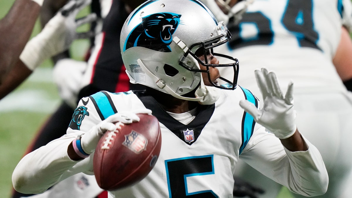 Carolina Panthers quarterback Teddy Bridgewater (5) works against the Atlanta Falcons during the first half of an NFL football game, Sunday, Oct. 11, 2020, in Atlanta. (AP Photo/Brynn Anderson)