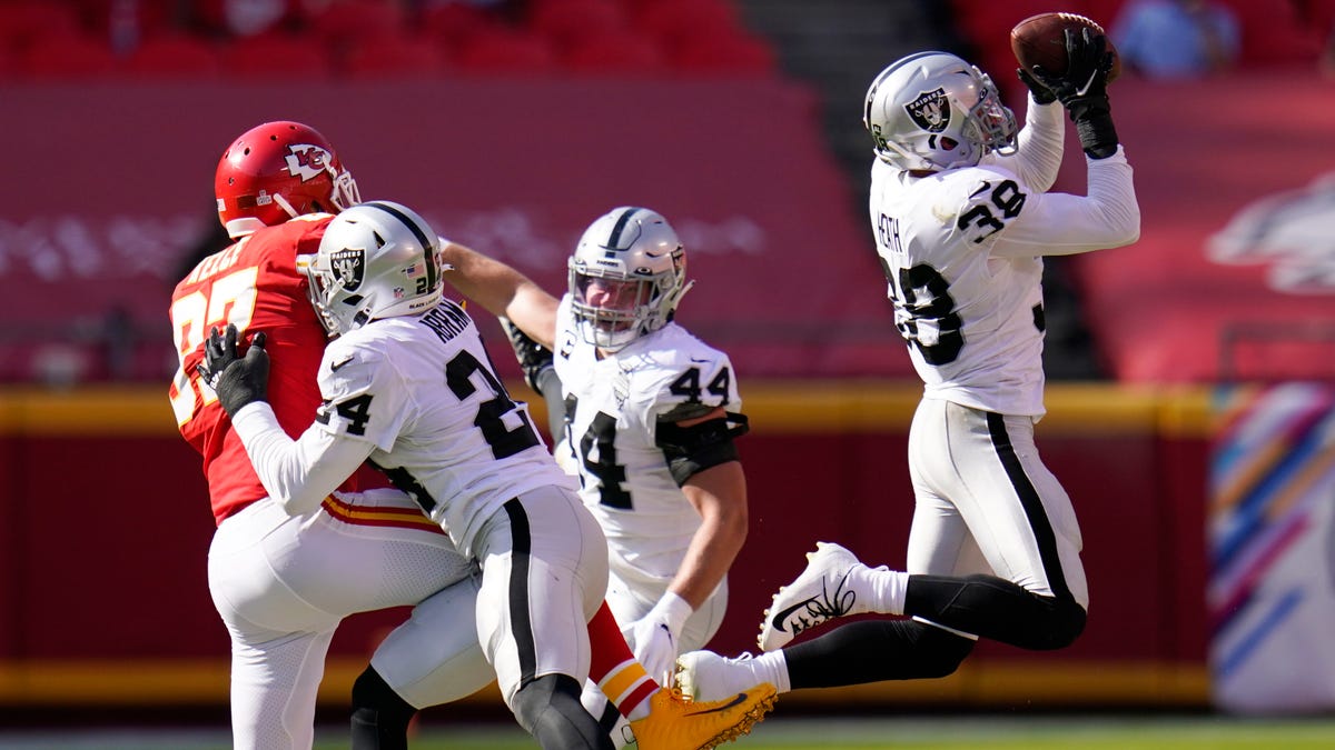 Las Vegas Raiders safety Jeff Heath (38) intercepts a pass intended for Kansas City Chiefs tight end Travis Kelce (87) during the second half of an NFL football game, Sunday, Oct. 11, 2020, in Kansas City. (AP Photo/Jeff Roberson)