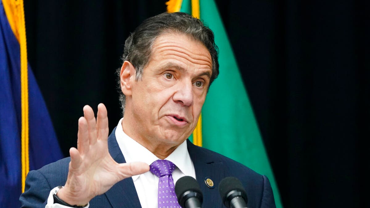 FILE: New York Gov. Andrew Cuomo speaks during a ceremony unveiling a statue of Mother Frances Cabrini, the patron saint of immigrants, in Battery Park in New York. 