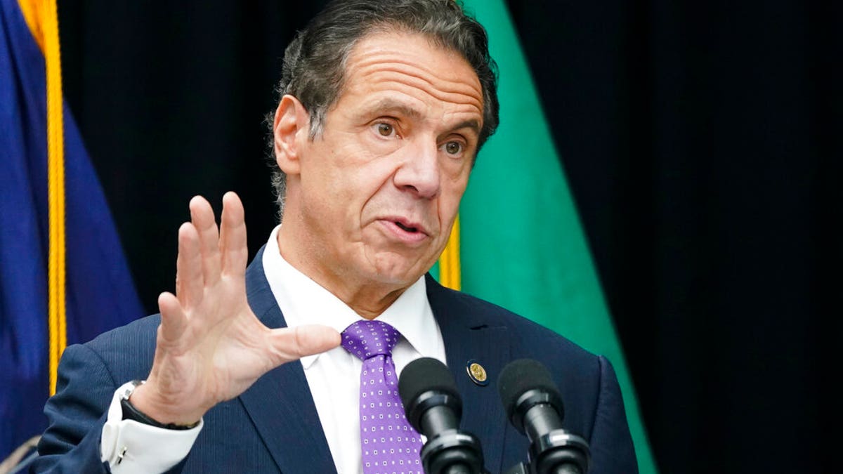 FILE: New York Gov. Andrew Cuomo speaks during a ceremony unveiling a statue of Mother Frances Cabrini, the patron saint of immigrants, in Battery Park in New York.?