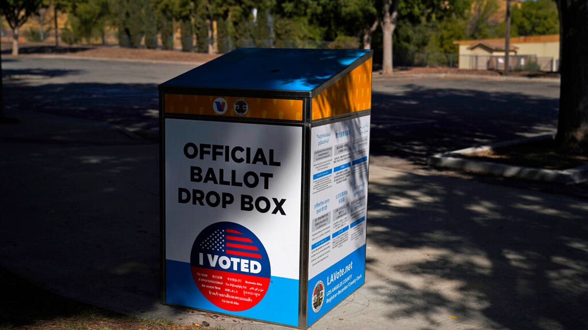 An official ballot drop box is seen Wednesday, Oct. 14, 2020, in Santa Clarita, Calif. With more than 1.5 million votes already cast in California, state Republican Party leaders on Wednesday said they will not comply with an order from the state's chief elections official to remove unofficial ballot drop boxes from counties with competitive U.S. House races.(AP Photo/Marcio Jose Sanchez)