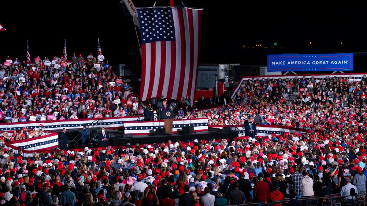 President Donald Trump speaks during a campaign rally at Middle Georgia Regional Airport, Friday, Oct. 16, 2020, in Macon, Ga. (AP Photo/Evan Vucci)