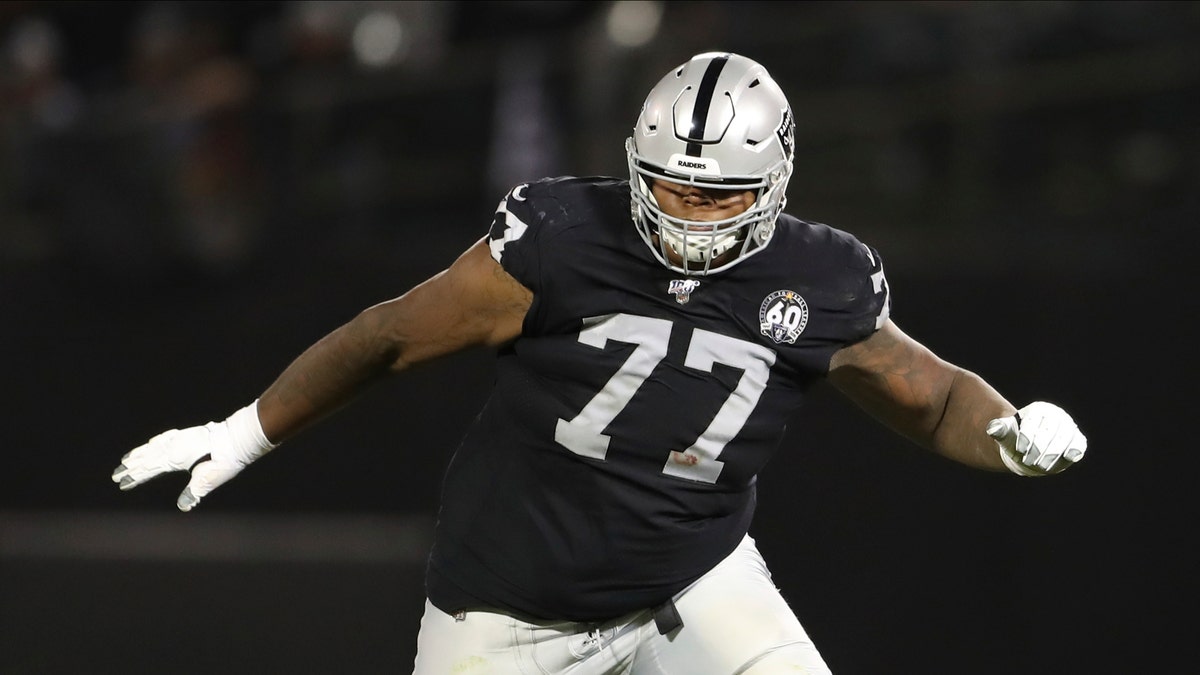 In this Sept. 9, 2019, file photo, Oakland Raiders offensive tackle Trent Brown protects a gap in the offensive line during an NFL football game against the Denver Broncos, in Oakland, California.