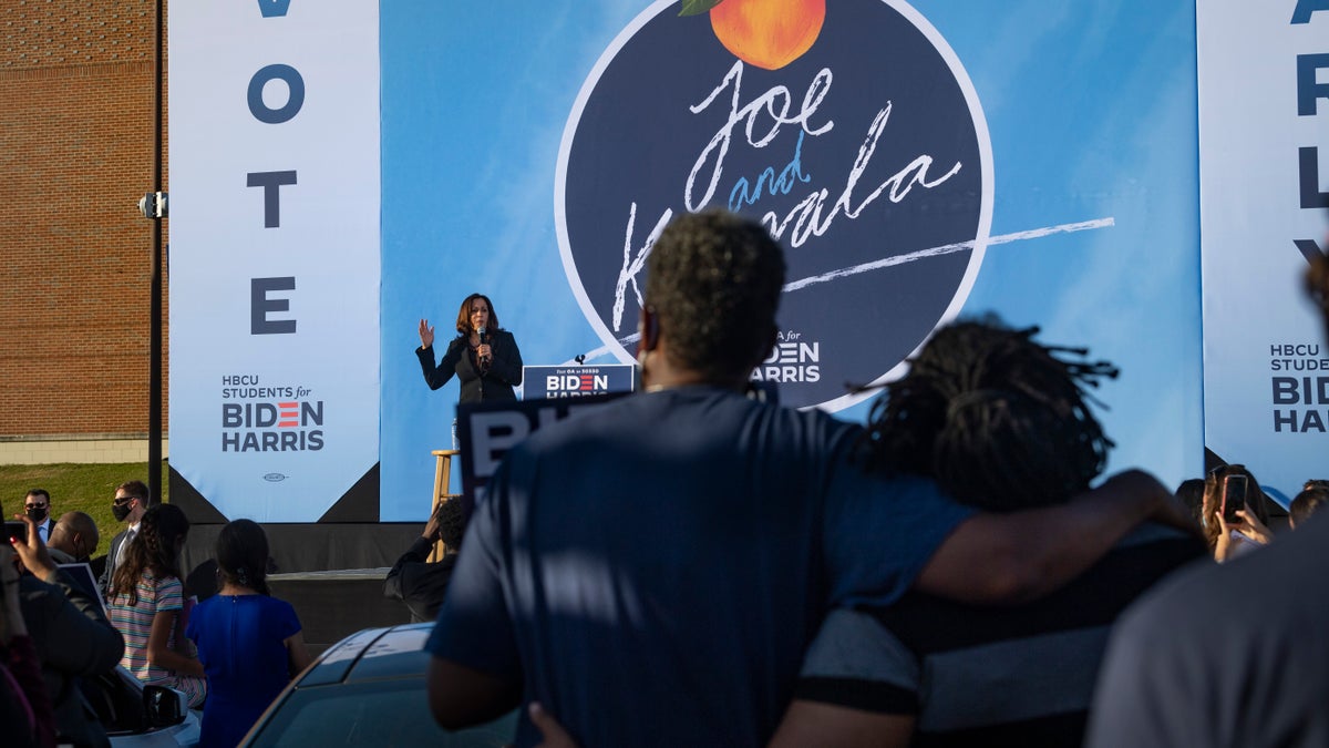 Democratic vice presidential candidate Sen. Kamala Harris, D-Calif., speaks during a campaign event at Morehouse College, Friday, Oct. 23, 2020, in Atlanta. (AP Photo/John Amis)
