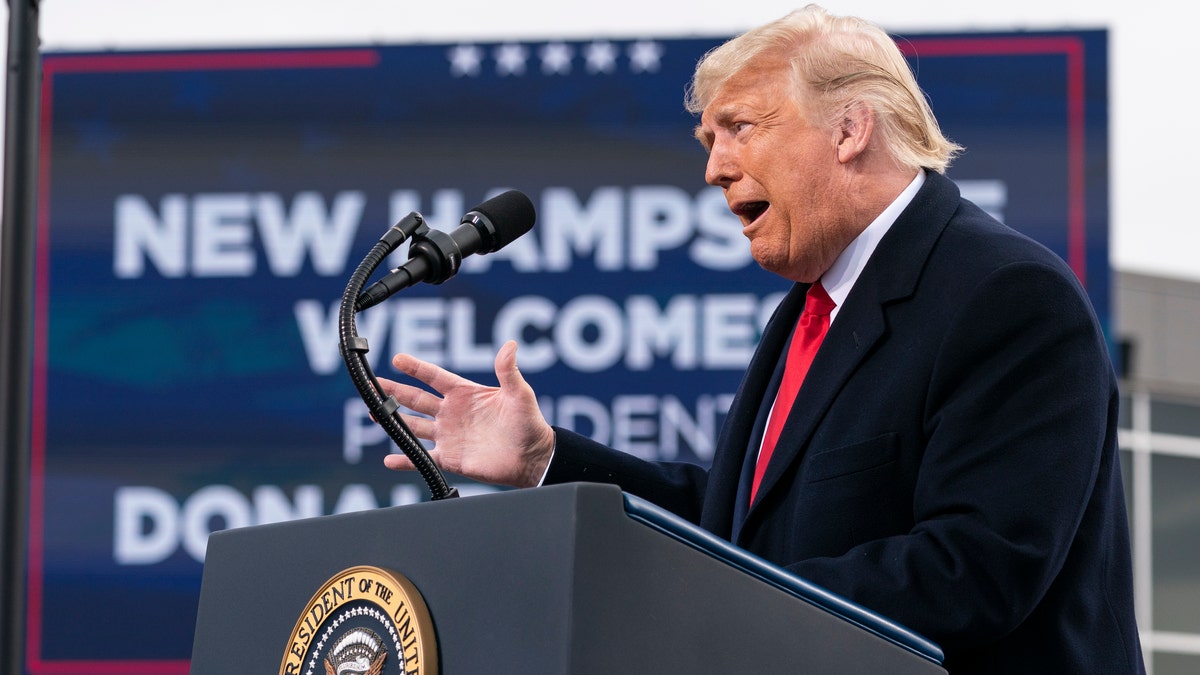 President Donald Trump speaks at a campaign rally at Manchester-Boston Regional Airport, Sunday, Oct. 25, 2020, in Londonderry, N.H. (AP Photo/Alex Brandon)