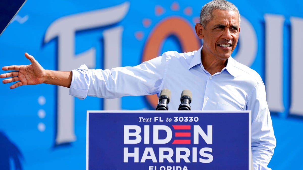 Former President Barack Obama speaks at a rally as he campaigns for Democratic presidential candidate former Vice President Joe Biden Tuesday, Oct. 27, 2020, in Orlando, Fla. (AP Photo/John Raoux)