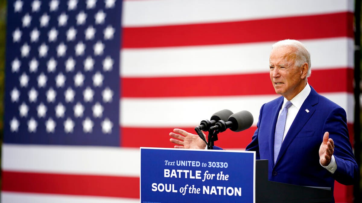 Democratic presidential candidate former Vice President Joe Biden speaks at Mountain Top Inn &amp; Resort, Tuesday, Oct. 27, 2020, in Warm Springs, Ga. Biden in a Tuesday statement condemned rioting and looting. (AP Photo/Andrew Harnik)
