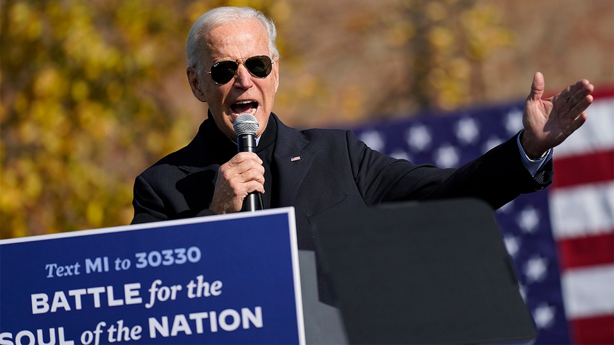 Democratic presidential candidate former Vice President Joe Biden speaks at a rally, also attended by former President Barack Obama, at Northwestern High School in Flint, Mich., Oct. 31. (AP Photo/Andrew Harnik)