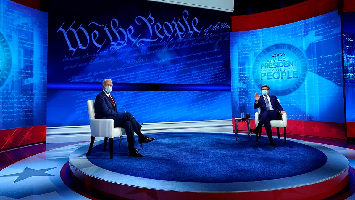 Democratic presidential candidate former Vice President Joe Biden participates in a town hall with moderator ABC News anchor George Stephanopoulos at the National Constitution Center in Philadelphia, Thursday, Oct. 15, 2020. (AP Photo/Carolyn Kaster)