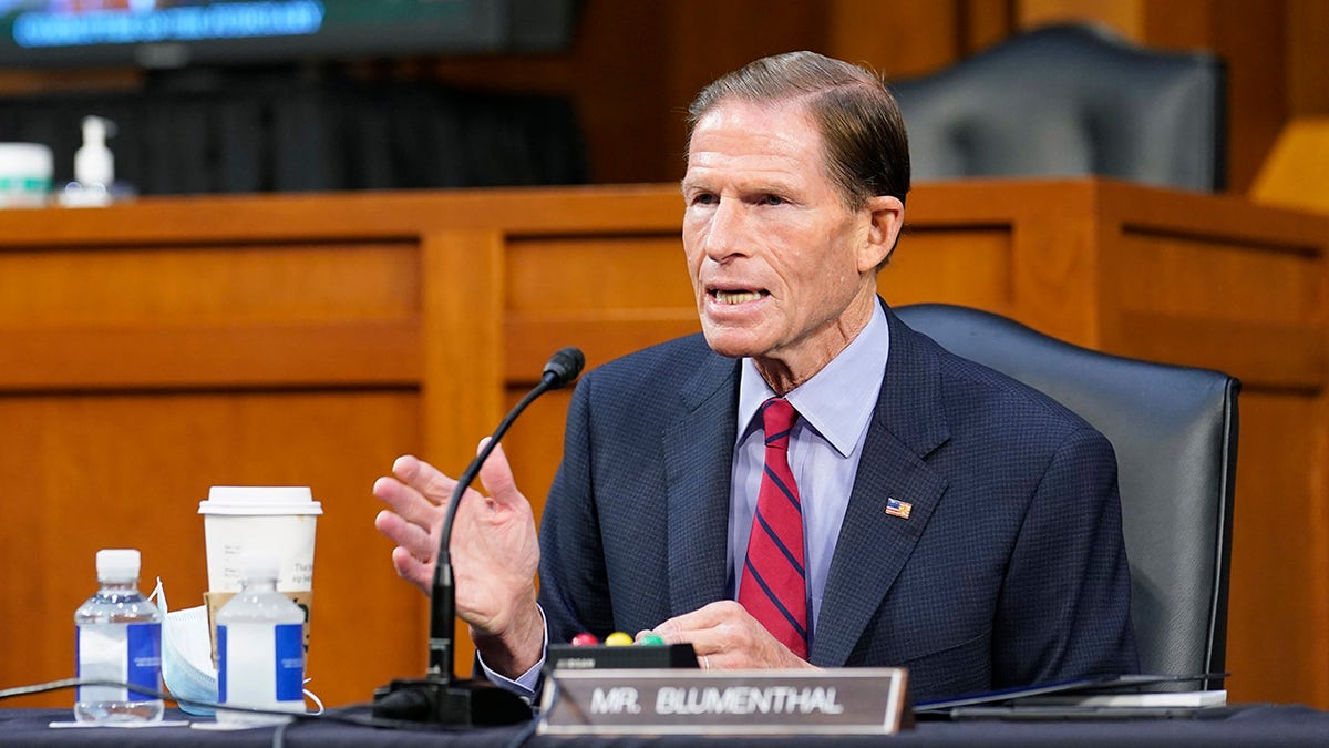Sen. Richard Blumenthal, D-Conn., speaks before the Senate Judiciary Committee during the confirmation hearing for Supreme Court nominee Amy Coney Barrett, Thursday, Oct. 15, 2020, on Capitol Hill in Washington. (AP Photo/Susan Walsh, Pool)
