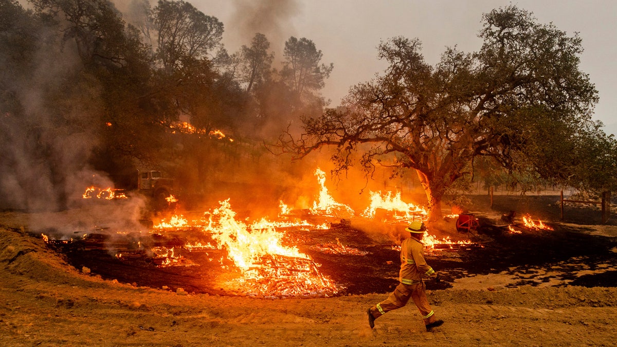 In this Oct. 1, 2020, file photo, a firefighter runs past flames while battling the Glass Fire in a Calistoga, Calif., vineyard. AP Photo/Noah Berger, File