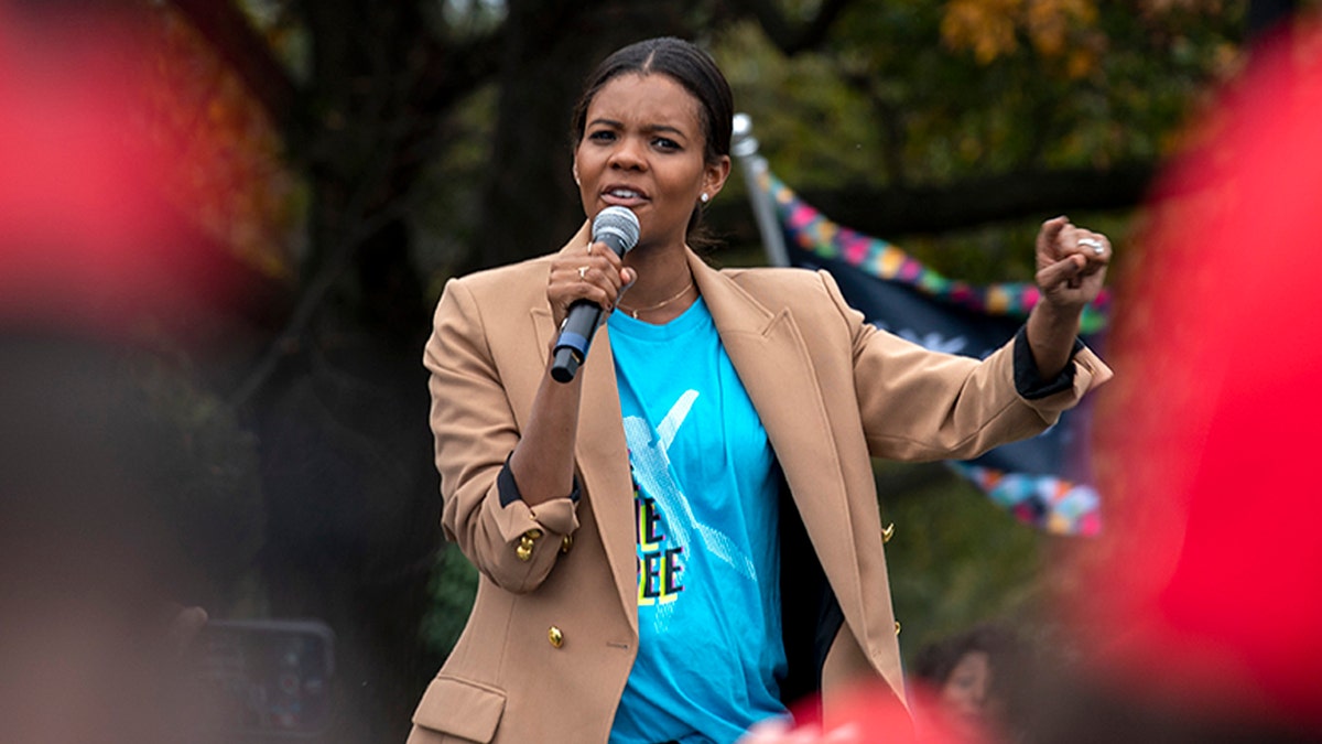 Conservative commentator and political activist Candace Owens speaks during a rally at The Ellipse, before entering to the White House, where President Donald Trump will hold an event on the South lawn on Oct. 10, in Washington. (AP Photo/Jose Luis Magana)