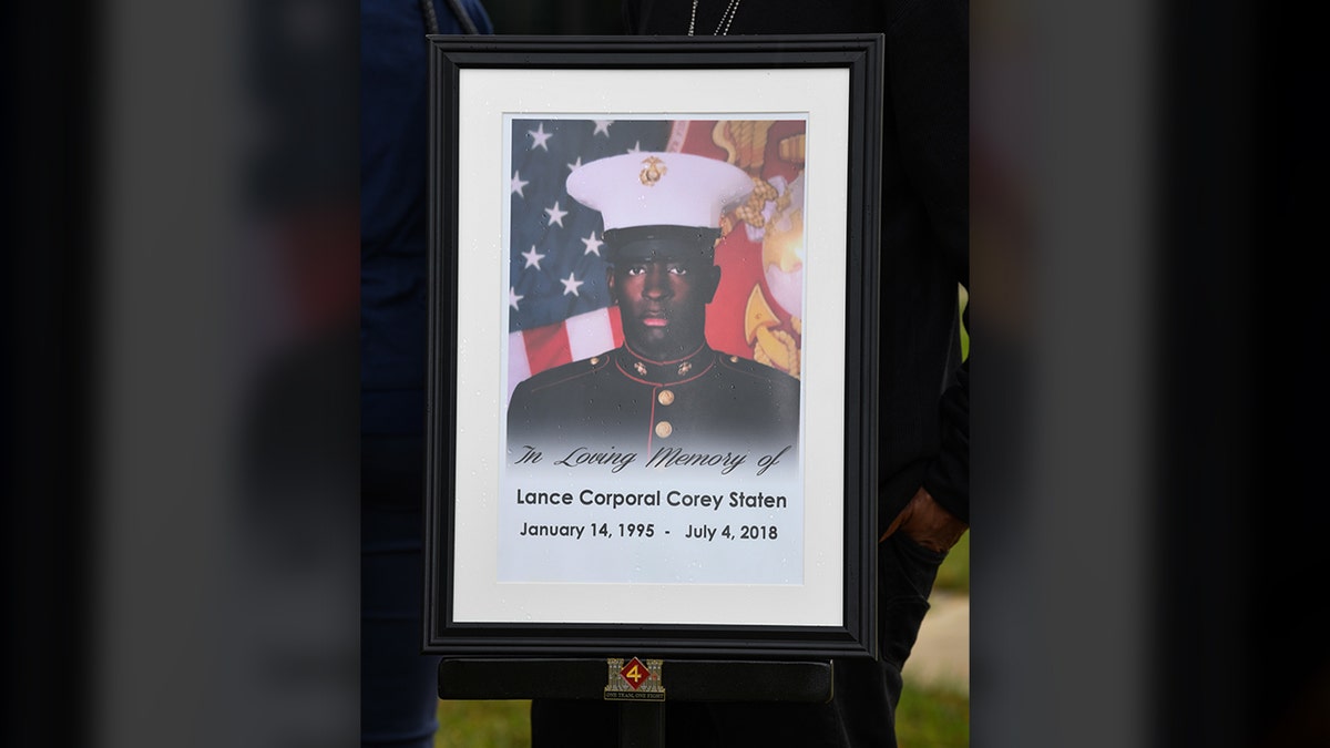 A photo depicting Lance Cpl. Corey Staten is displayed during an Award Ceremony held by 4th Combat Engineering Battalion in Baltimore, Oct. 24, 2020. (U.S. Marine Corps photo by Lance Cpl. Dylon Grasso)