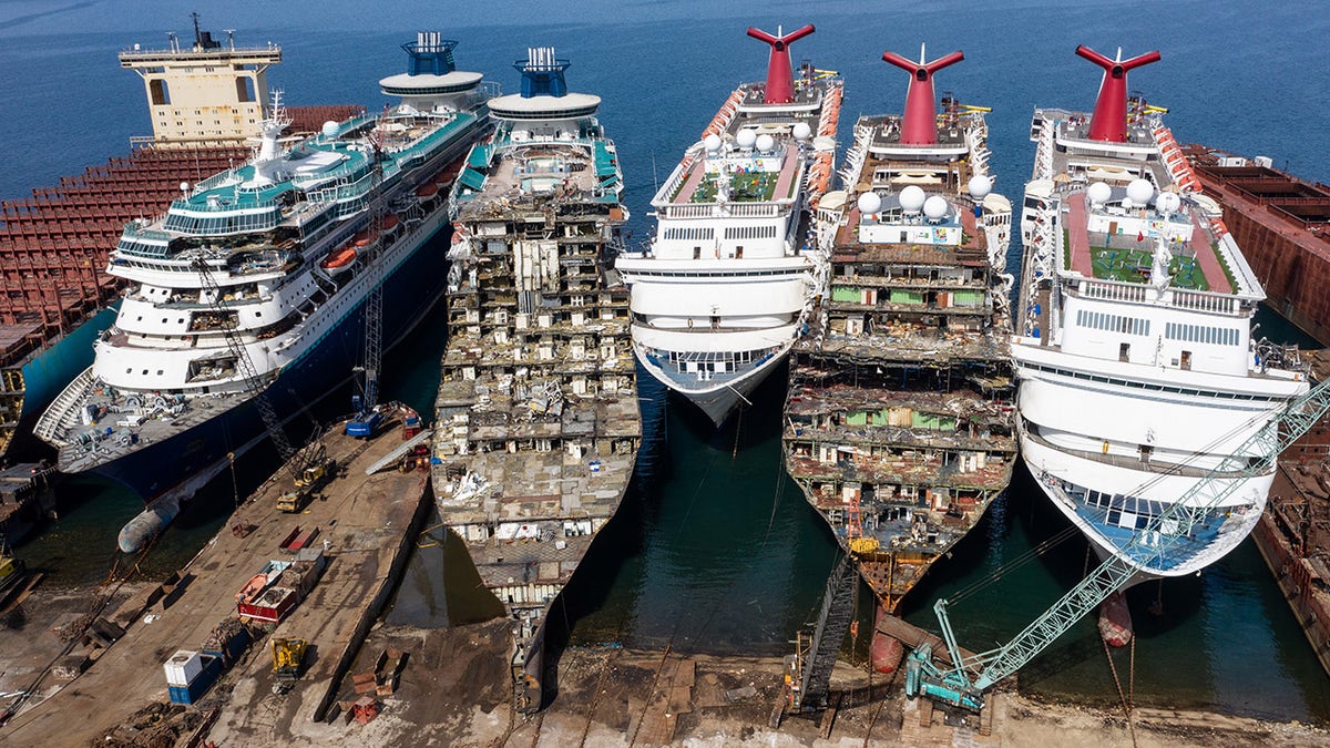 The luxury cruise ships were photographed being broked down at the Aliaga ship recycling port in Izmir, Turkey, earlier this month.