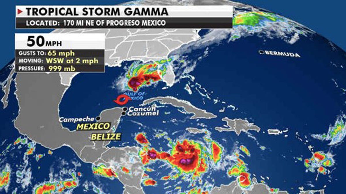 Tropical Storm Gamma is stalled off the coast of Mexico's Yucatan Peninsula on Monday.