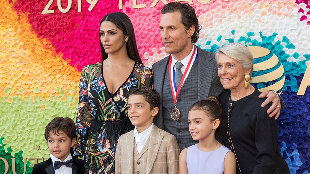 (L-R) Livingston Alves McConaughey, Camila Alves, Levi Alves McConaughey, honoree Matthew McConaughey, Vida Alves McConaughey, and Kay McConaughey attend the 2019 Texas Medal Of Arts Awards at the Long Center for the Performing Arts on February 27, 2019, in Austin, Texas.