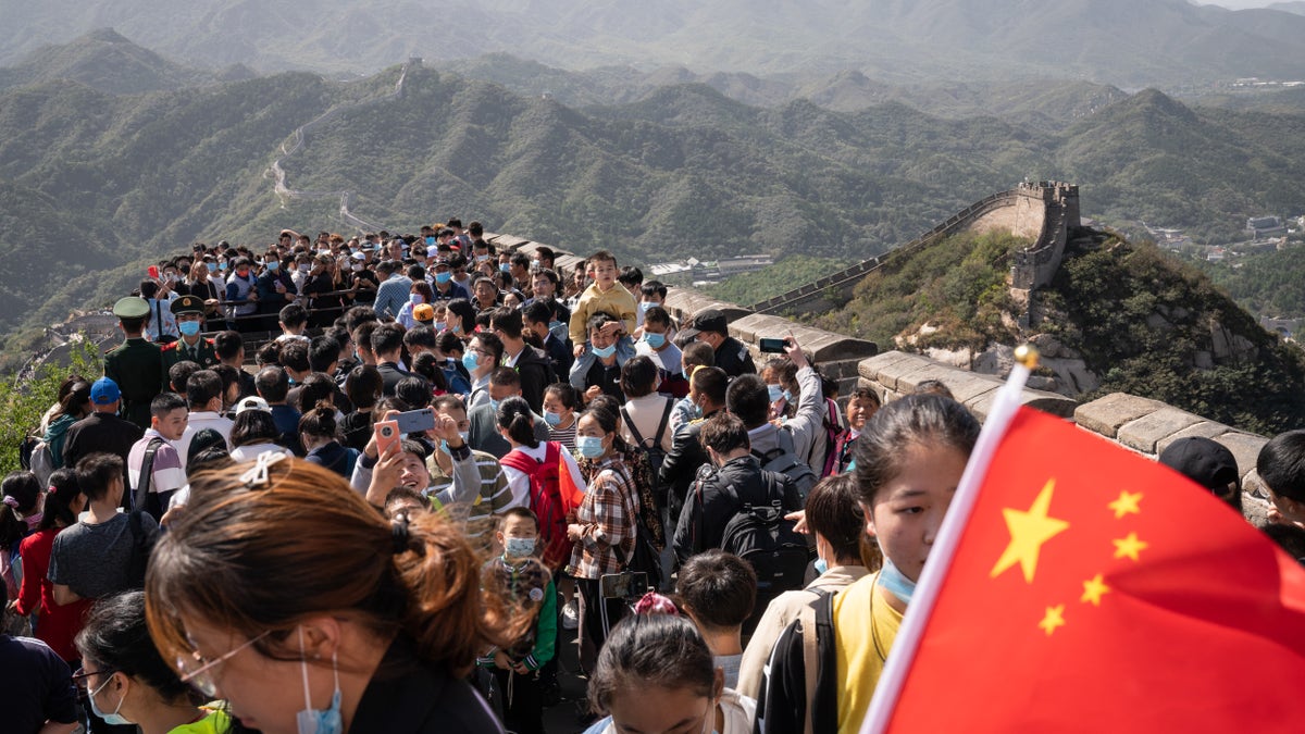 Visitors crowd the Badaling section of the Great Wall in Beijing, China, on Oct. 1. (Yan Cong/Bloomberg via Getty Images)