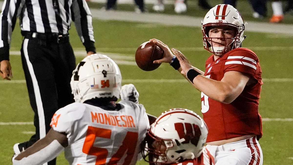 Wisconsin quarterback Graham Mertz throws a pass during the first half of an NCAA college football game against Illinois Friday, Oct. 23, 2020, in Madison, Wis. (AP Photo/Morry Gash)