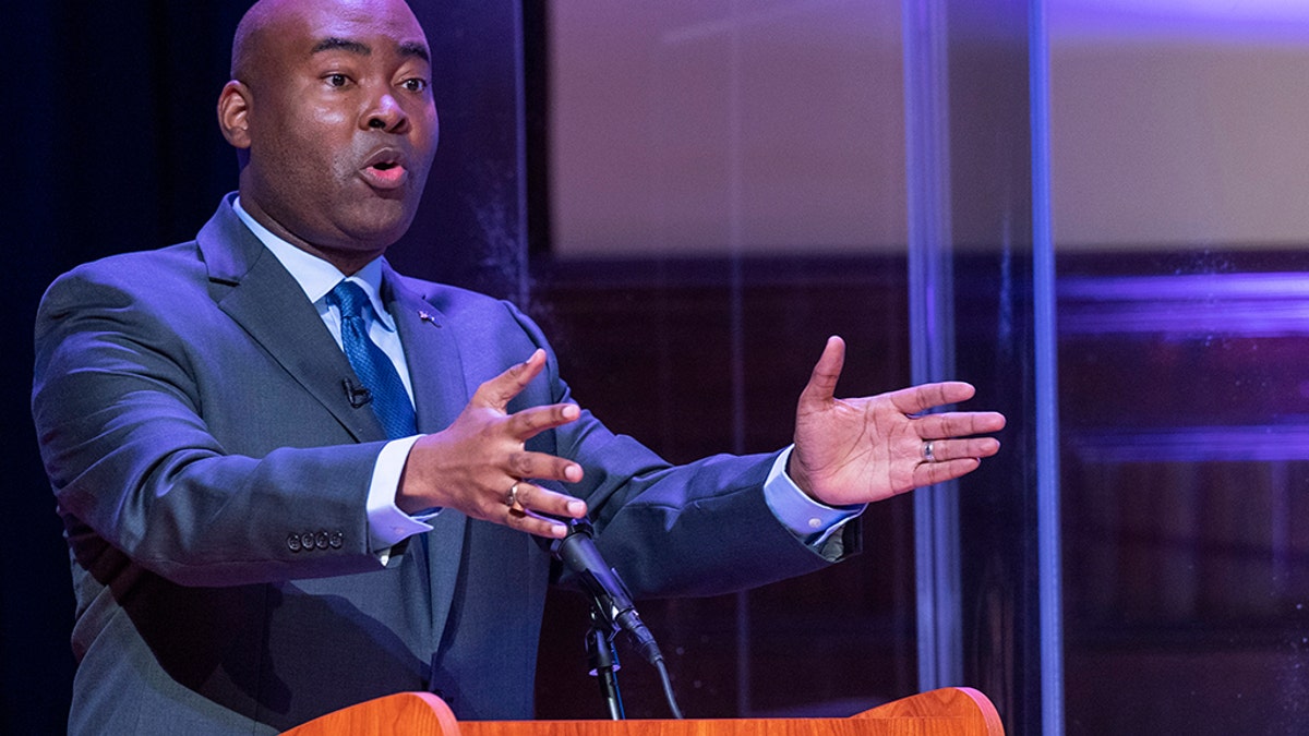 Democratic challenger Jaime Harrison speaks during the South Carolina U.S. Senate debate with Sen. Lindsey Graham, R-S.C., at Allen University in Columbia, S.C., Saturday, Oct. 3, 2020. (Associated Press)