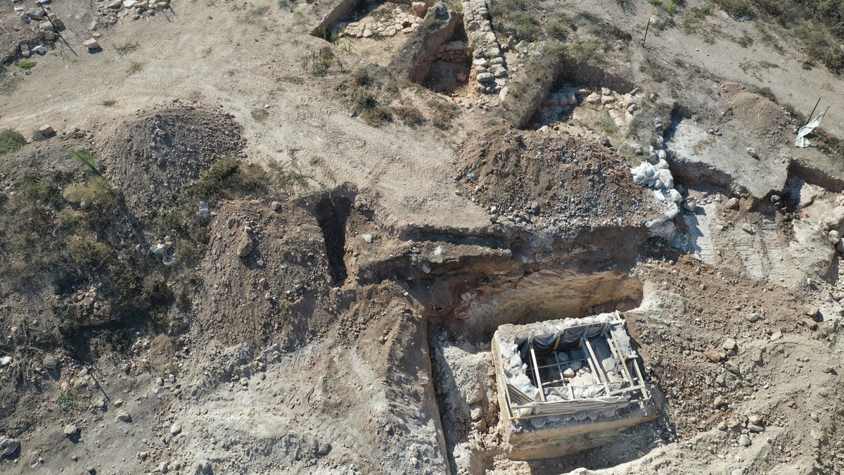 An aerial view of the mikveh, or ritual bath, and the ancient farmstead.