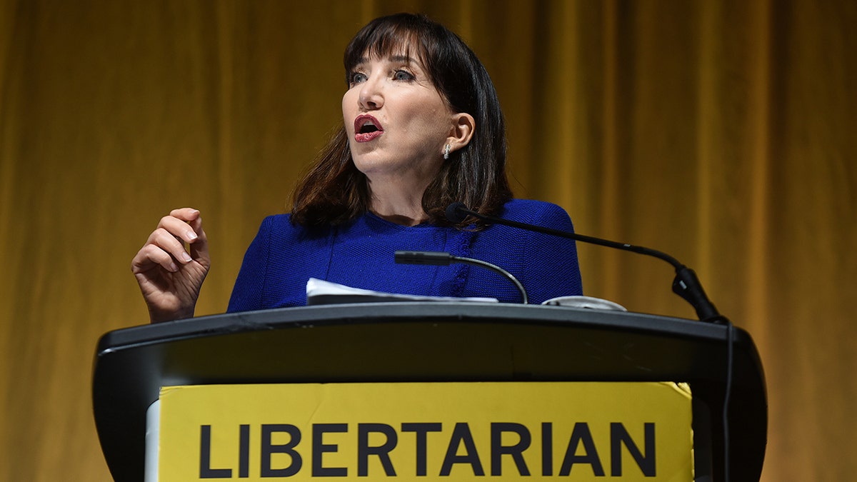 Jo Jorgensen, the 2020 presidential nominee of the Libertarian Party, gives her acceptance speech during the 2020 Libertarian National Convention at the Orange County Convention Center. Jorgensen is the first woman to receive the Libertarian presidential nomination. (Photo by Paul Hennessy/SOPA Images/LightRocket via Getty Images)