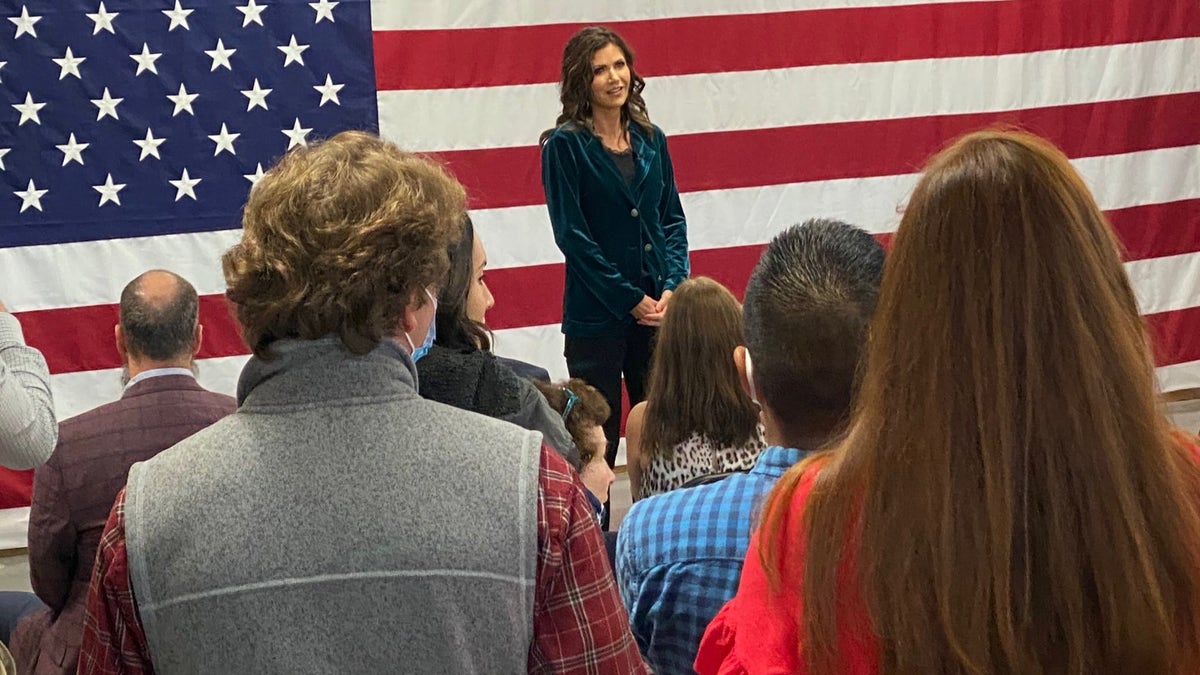 South Dakota Gov. Kristi Noem headlines an event at President Trump's New Hampshire campaign headquarters, on Oct. 15, 2020 in Manchester, N.H.