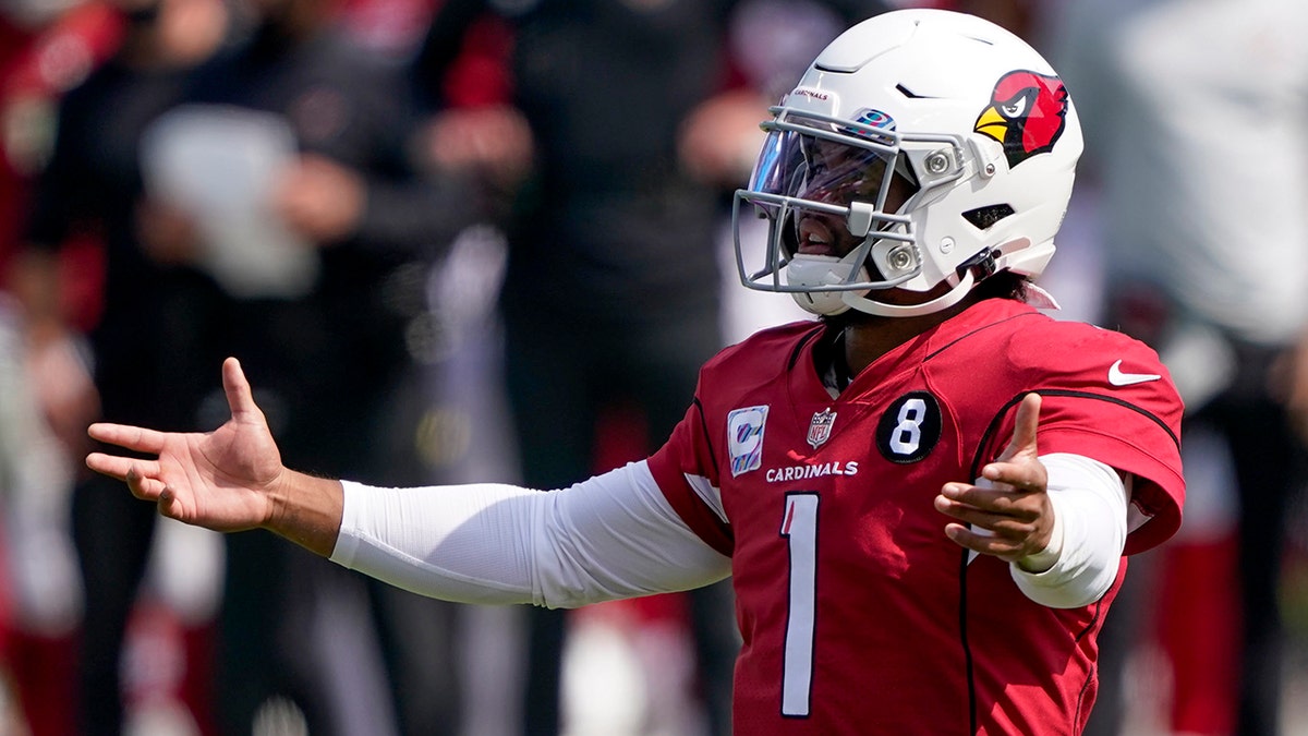 Arizona Cardinals quarterback Kyler Murray gestures during the first half of an NFL football game against the Carolina Panthers Sunday, Oct. 4, 2020, in Charlotte, N.C. (AP Photo/Brian Blanco)