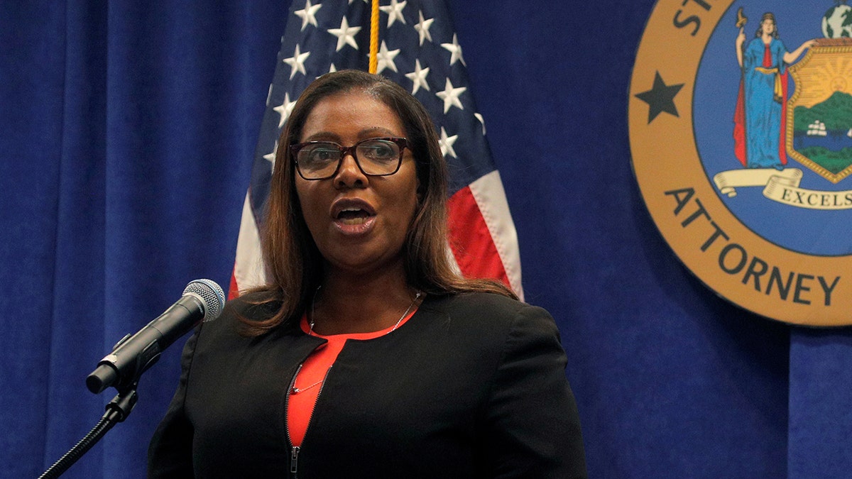 Letitia James speaks at podium