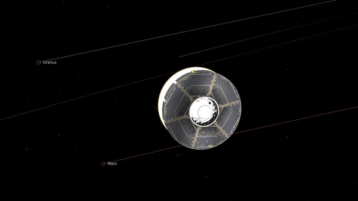 This illustration of the Mars 2020 spacecraft in interplanetary space was generated using imagery from NASA's Eyes on the Solar System. The image is from the mission's midway point between Earth and Mars. (NASA/JPL-Caltech)