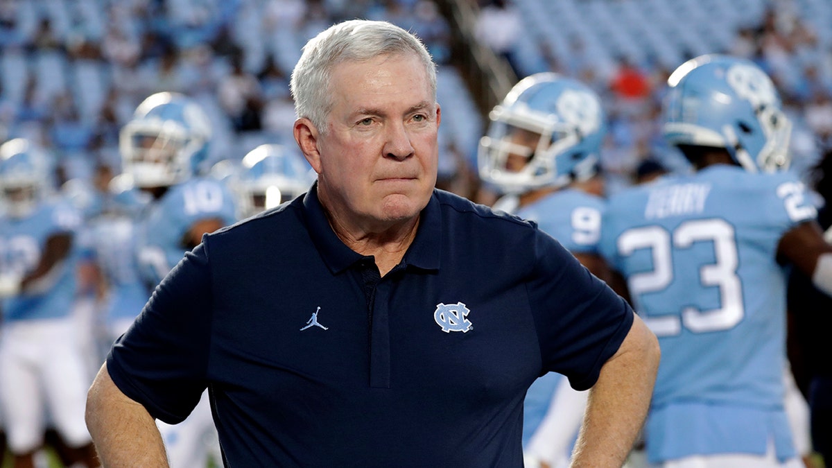 North Carolina head coach Mack Brown looks on before an NCAA college football game against Miami in Chapel Hill, N.C., Saturday, Sept. 7, 2019. The last time North Carolina went this long between games during a football season was 1952 when a polio outbreak on campus forced the Tar Heels to cancel two games. (AP Photo/Chris Seward, File)