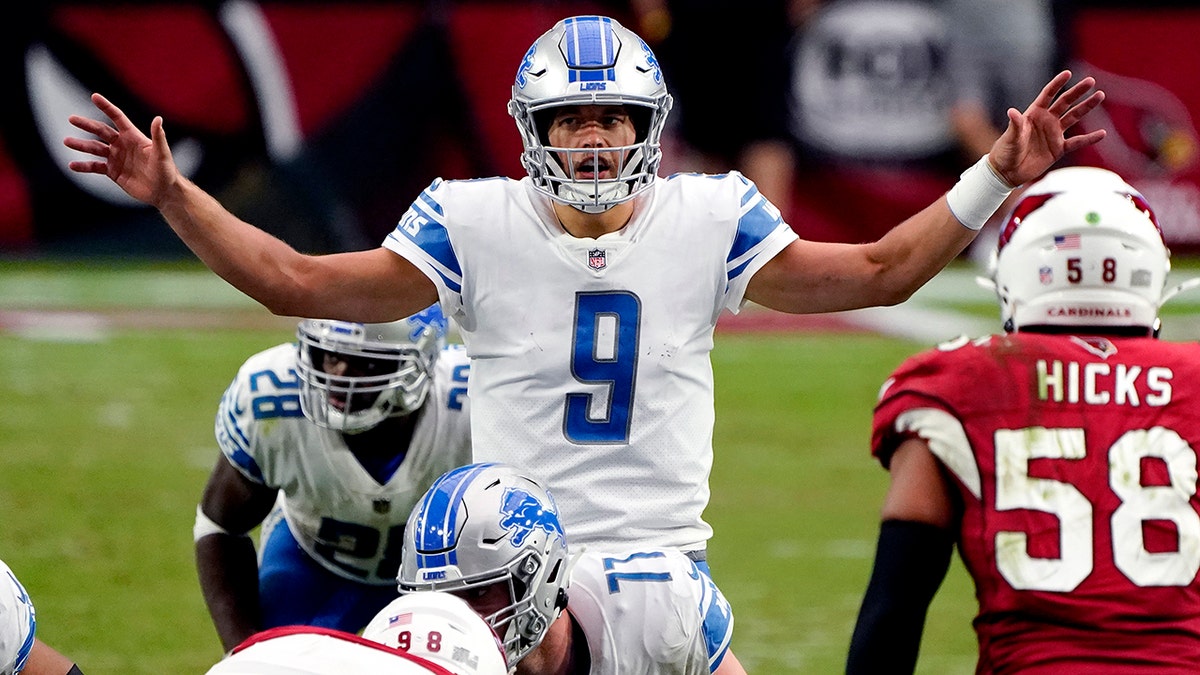 Detroit Lions quarterback Matthew Stafford (9) calls a play during the second half of an NFL football game against the Arizona Cardinals, Sunday, Sept. 27, 2020, in Glendale, Ariz. (AP Photo/Rick Scuteri)
