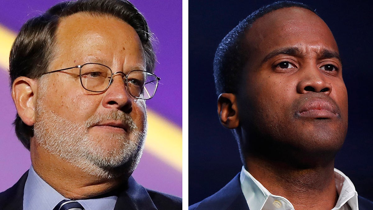 In this combination of 2018 and 2019 file photos are, from left, Democratic U.S. Sen. Gary Peters, D-Mich., and Republican U.S. Senate candidate John James. Money is abundant in Michigan's competitive U.S. Senate race between Peters and James. A campaign-finance expert projects spending will top a staggering $100 million by Election Day. (AP Photos)