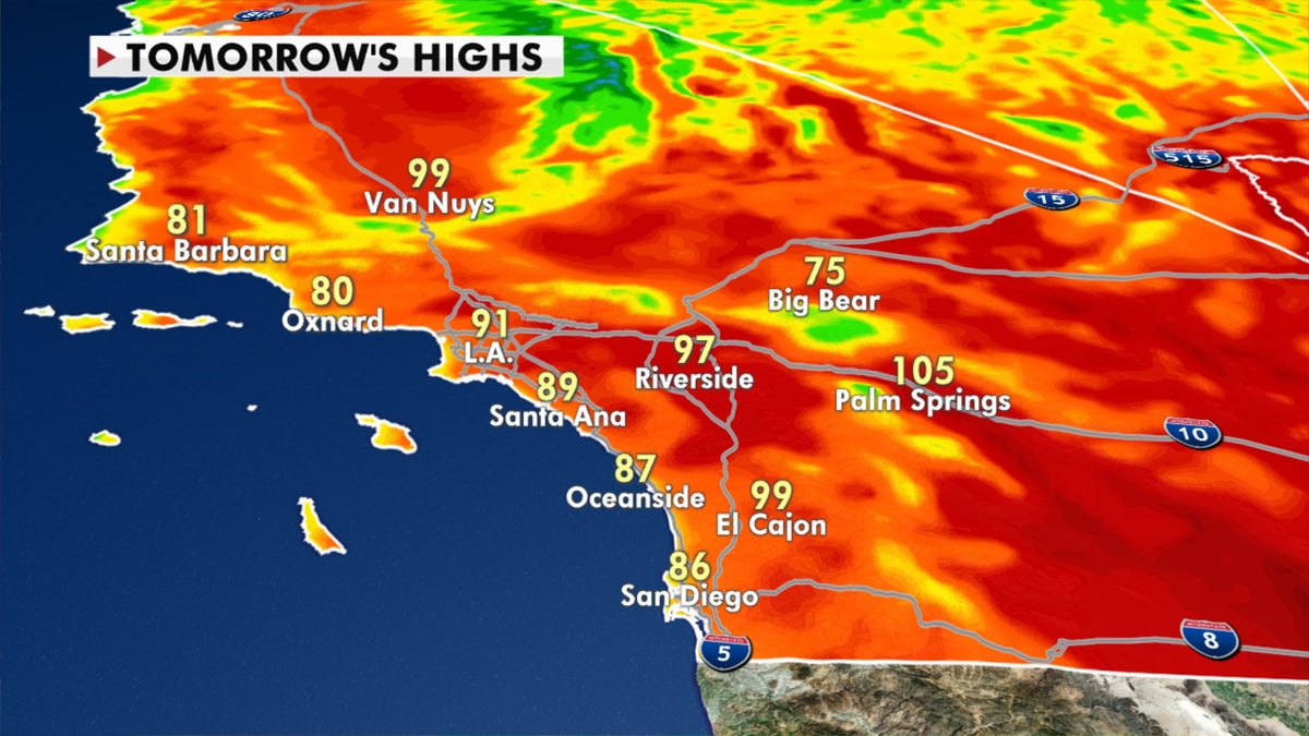 Forecast high temperatures in Southern California for Tuesday, Oct. 13, 2020.