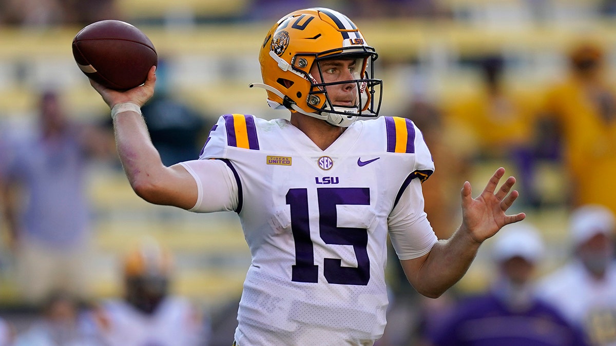 LSU quarterback Myles Brennan (15) passes in the second half an NCAA college football game against Mississippi State in Baton Rouge, La., Saturday, Sept. 26, 2020. Mississippi State won 44-34. (AP Photo/Gerald Herbert)