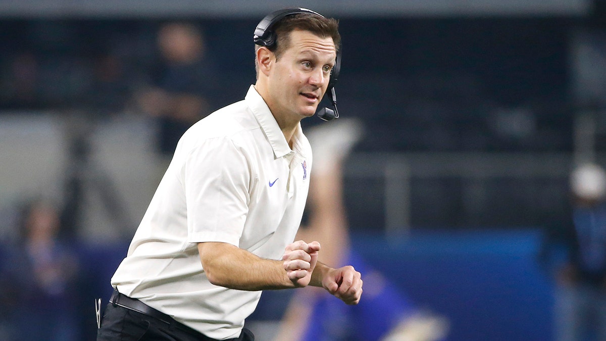 Memphis head coach Ryan Silverfield looks on during the first half against Penn State at the NCAA college football Cotton Bowl game, Saturday, Dec. 28, 2019, in Arlington, Texas. Memphis hopes to finally play its first game in nearly a month, the American Athletic Conference opener Saturday, Oct. 3, 2020, at SMU (3-0). (AP Photo/Ron Jenkins, File)