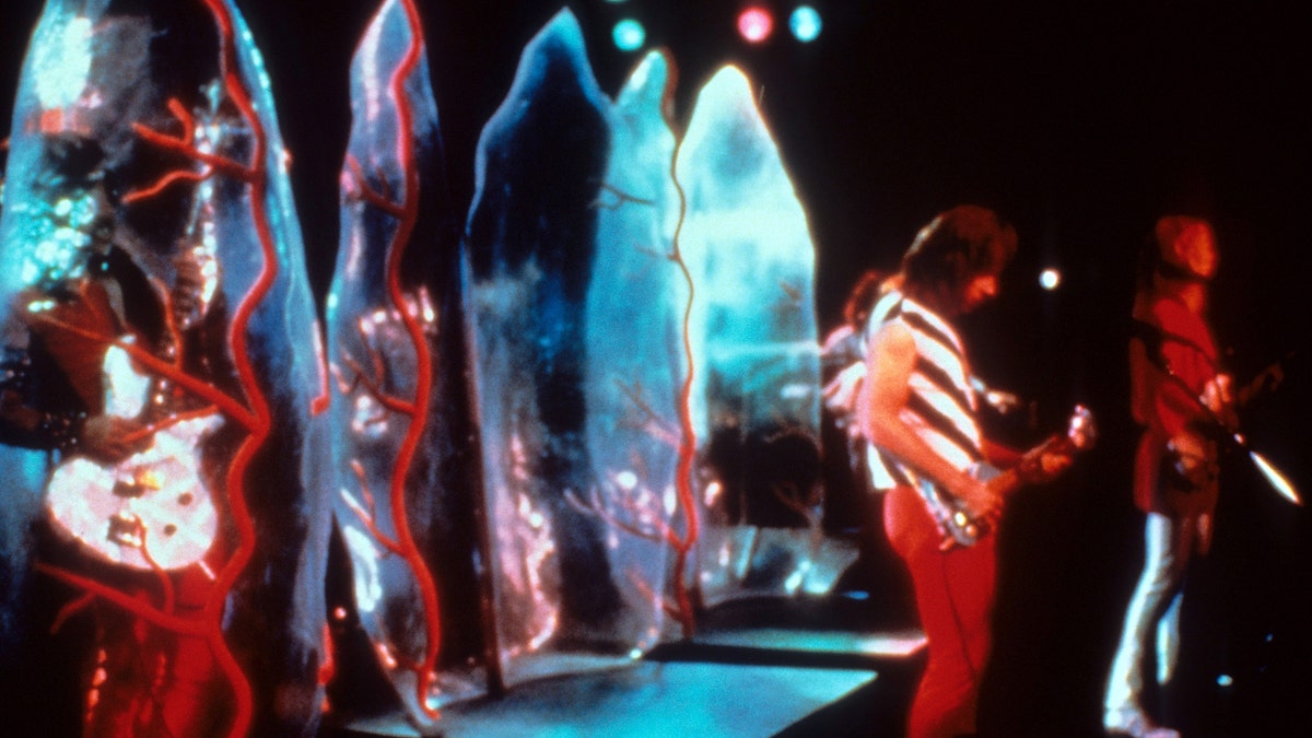 A band performing on stage in a scene from the film 'This Is Spinal Tap', 1984.