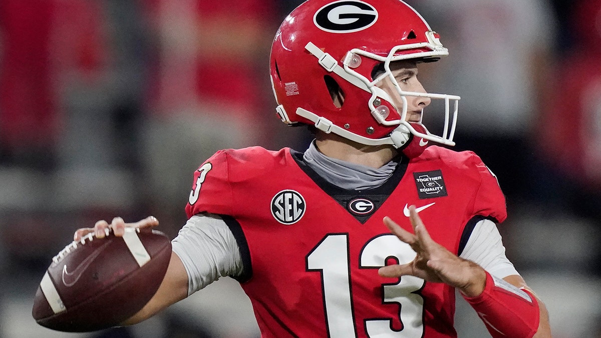 Georgia quarterback Stetson Bennett has led the Bulldogs to three straight wins to start the season. (AP Photo/Brynn Anderson)