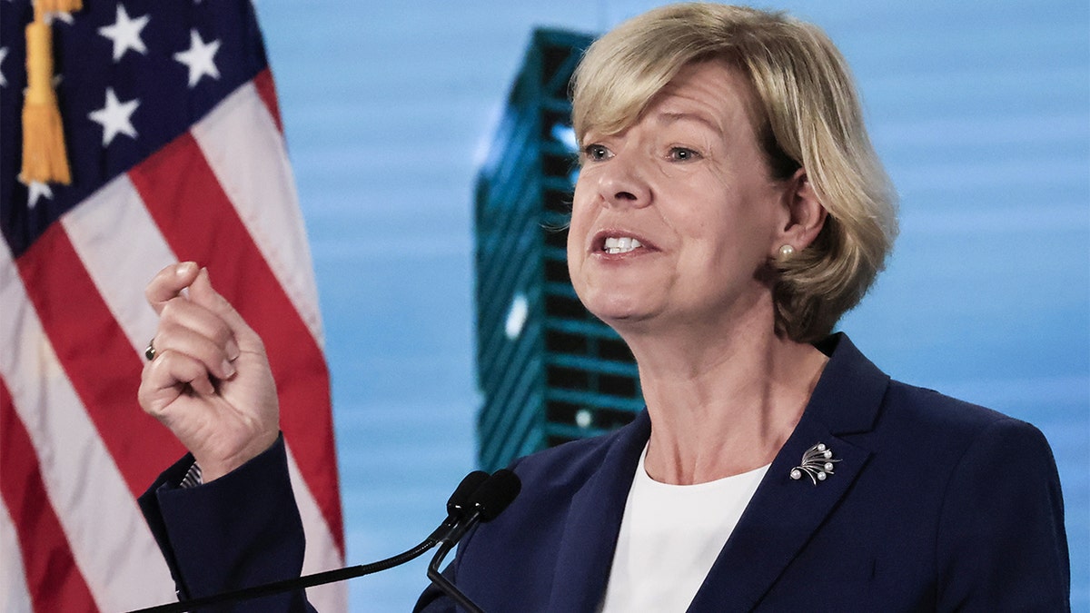 Sen. Tammy Baldwin speaks during the virtual Democratic National Convention in Milwaukee, Wisconsin, Aug. 20, 2020. (Tannen Maury/Pool via Reuters)