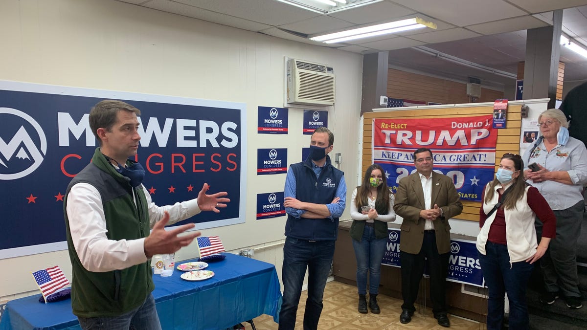 Sen. Tom Cotton of Arkansas joins Matt Mowers, the Republican nominee in New Hampshire's 1st Congressional District, on the campaign trial in Derry, N.H. on Oct. 18, 2020.