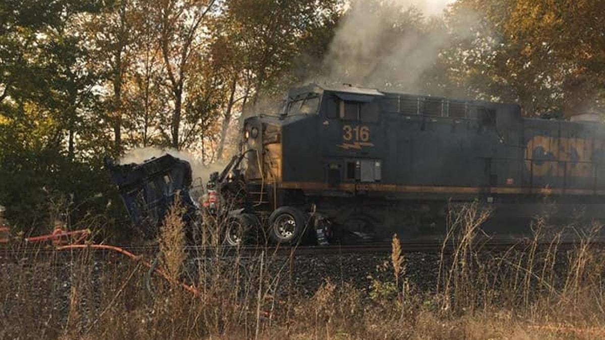 The aftermath after a freight train ran into a semi-truck that was stuck on the tracks in Pendleton, Ind. on October 9, 2020.