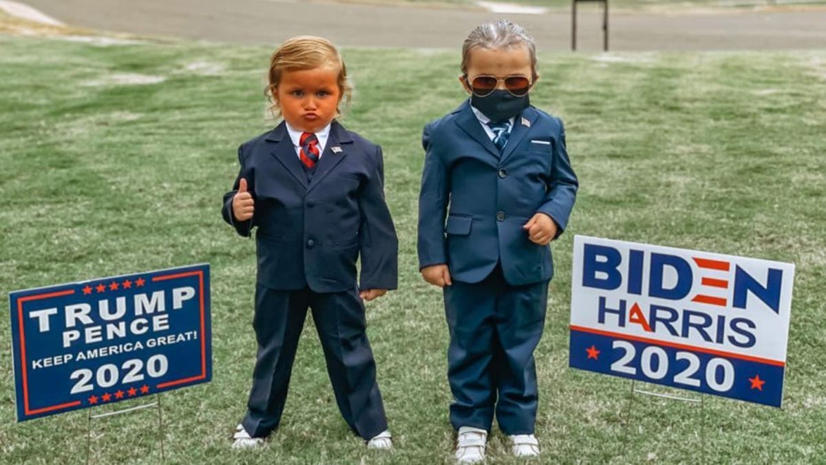 Twin girls dressed in Trump and Biden costumes for Halloween (Adrea Garza)