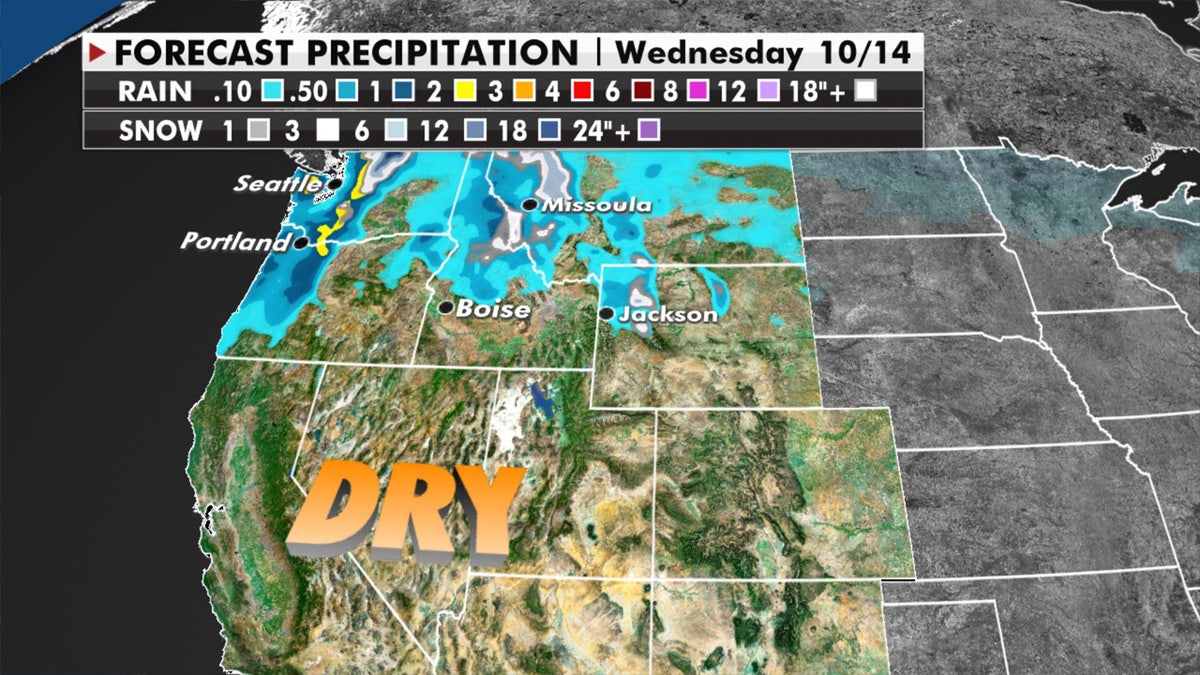 More rain and mountain snow for the Pacific Northwest on Tuesday, Oct. 13, 2020.