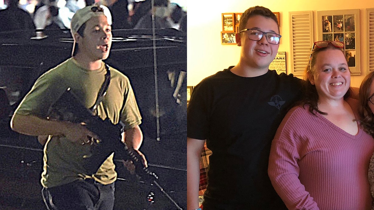 (Left) In this Aug. 25, 2020, file photo, Kyle Rittenhouse carries a gun as he walks along Sheridan Road in Kenosha, Wis., during a night of unrest following the weekend police shooting of Jacob Blake. (Adam Rogan/The Journal Times via AP, File). (Right) He is pictured with his mother, Wendy Rittenhouse. 