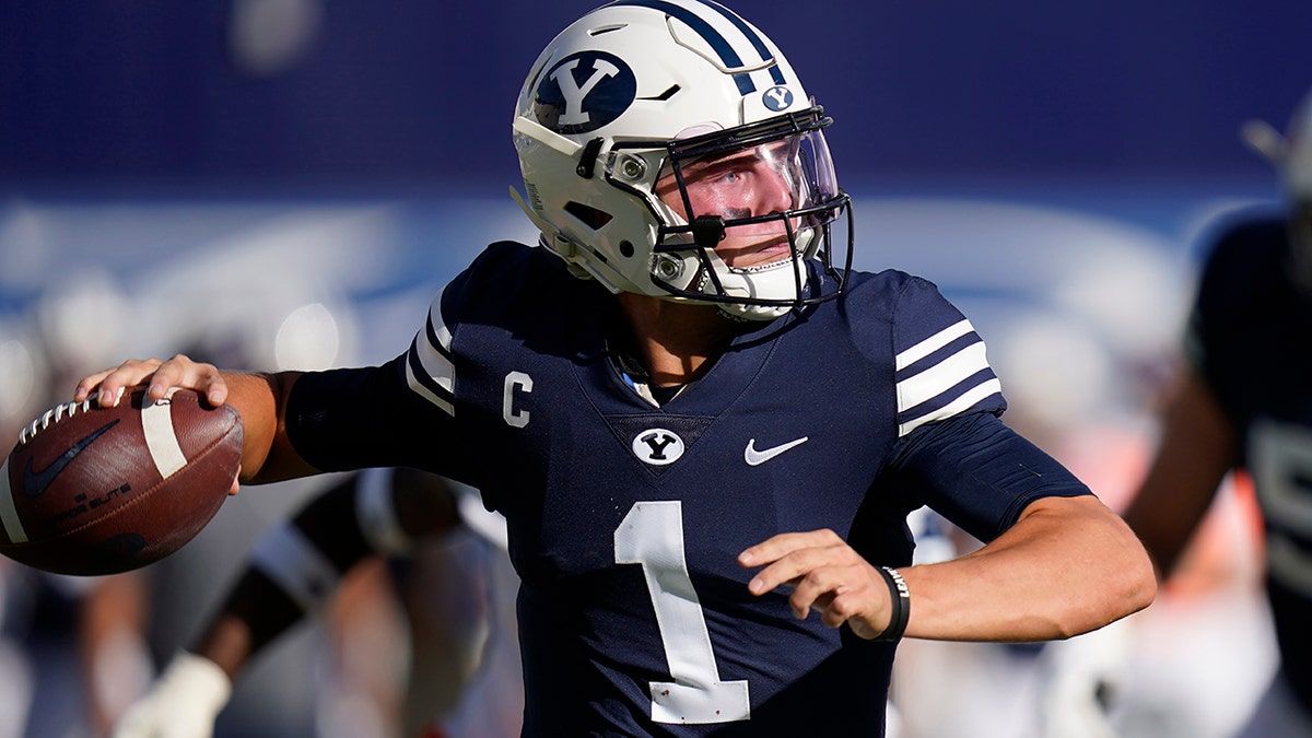 BYU quarterback Zach Wilson (1) throws downfield against UTSA in the second half during an NCAA college football game Saturday, Oct. 10, 2020, in Provo, Utah. (AP Photo/Rick Bowmer, Pool)