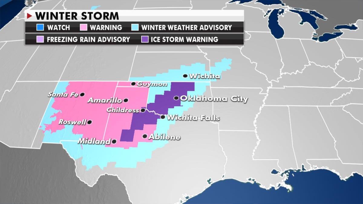 Winter storm and ice storm warnings are up Tuesday across the southern Rockies and into the Plains.