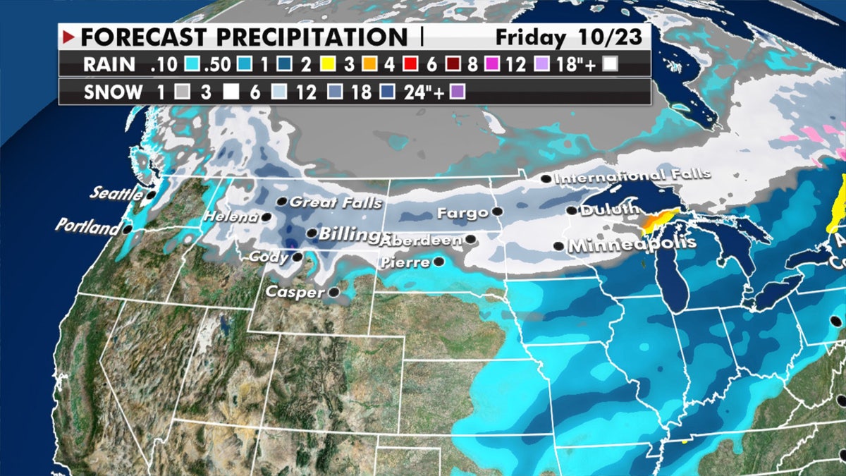 Snow is forecast to spread across the Upper Midwest into the Great Lakes.