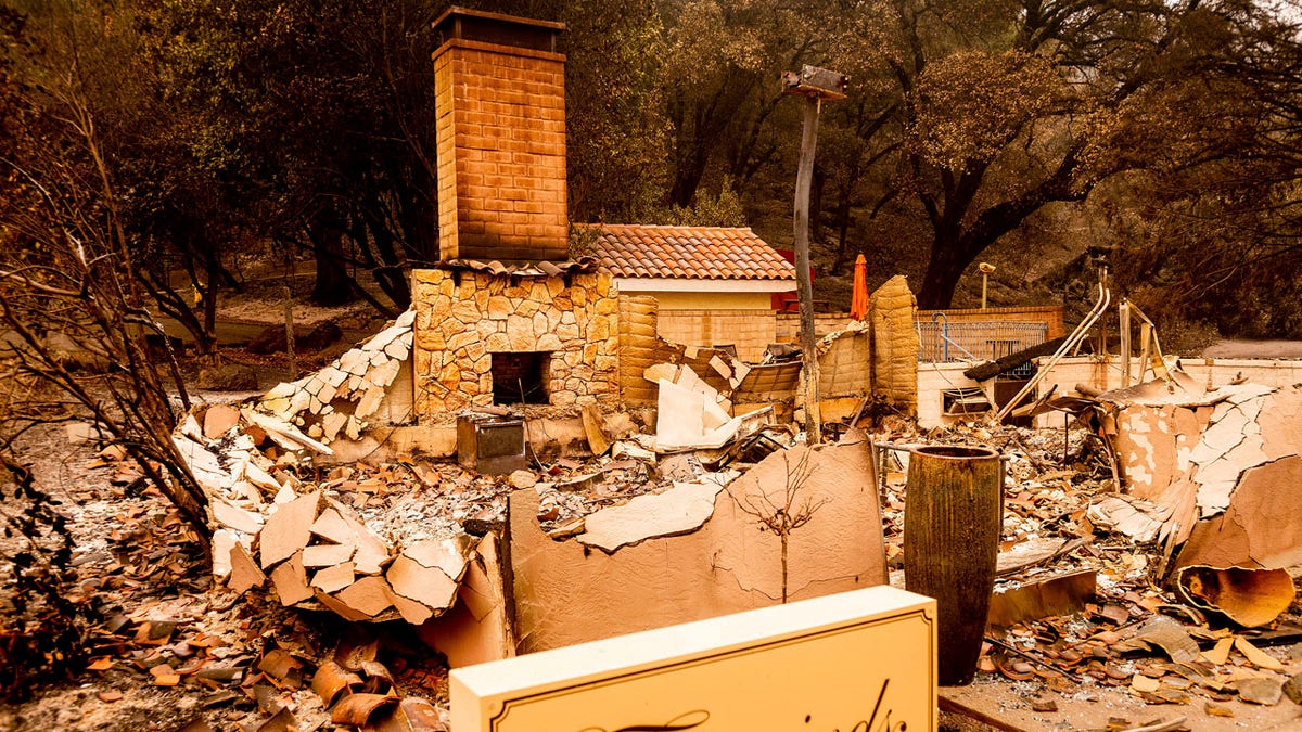 A chimney stands at a Fairwinds Estate Winery building, which burned in the Glass Fire, on Thursday, Oct. 1, 2020, in Calistoga, Calif.