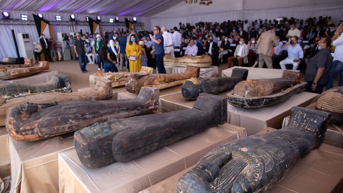 Ancient coffins are displayed at the Saqqara archaeological site, 19 miles south of Cairo, Egypt on Saturday, Oct. 3, 2020.