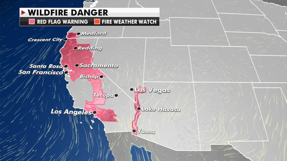 Red flag warnings stretch across California due to ongoing wildfire concerns.